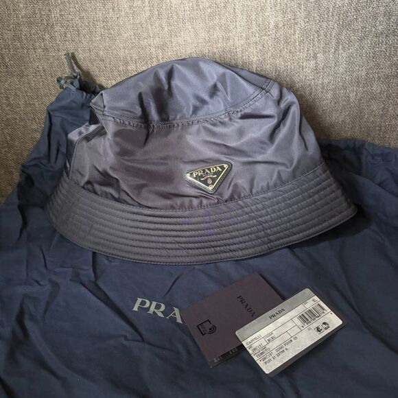 PRADA	Re-nylon Blue Enameled Tessuto Logo Cotton Unisex Men Womens Bucket Hat XL main image 4